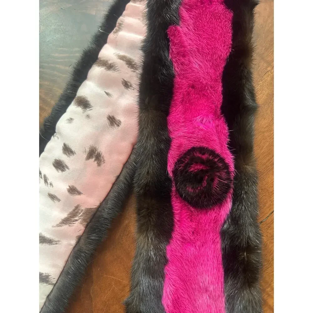 Vintage Y2K Real Mink Fur Scarf Colorblock Hot Pink Brown Rosette Pull Through